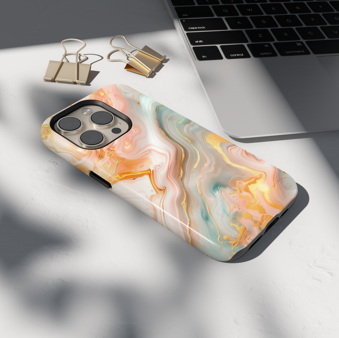 Pastel marble phone case with peach mint and gold abstract swirl design