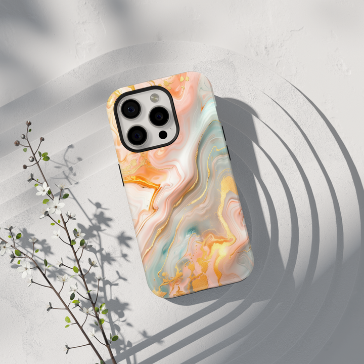 Pastel marble phone case with peach mint and gold abstract swirl design