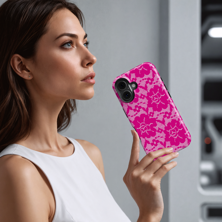 Pink Lace Floral iPhone Case with White Intricate Flower Pattern – Tough Coquette Aesthetic Protective Cover for iPhone Models