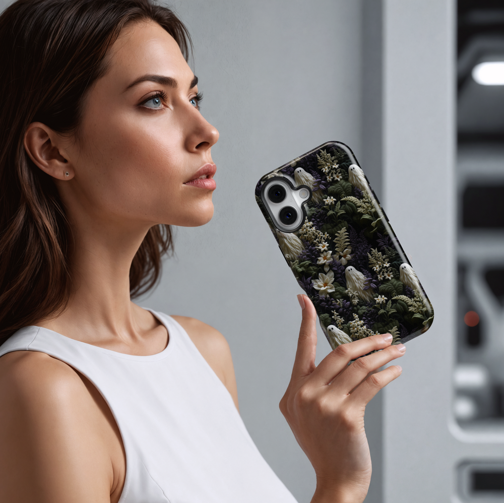 Skeleton and floral iPhone case with beige skulls and cream roses hidden in purple botanical foliage, perfect for gothic Halloween or spooky aesthetic lovers.
