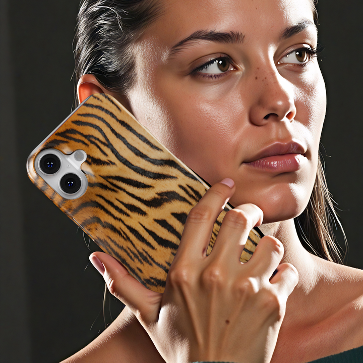 Tiger print phone case with orange and black stripes, wild animal pattern aesthetic cover for iPhone and Samsung, trendy protective phone case