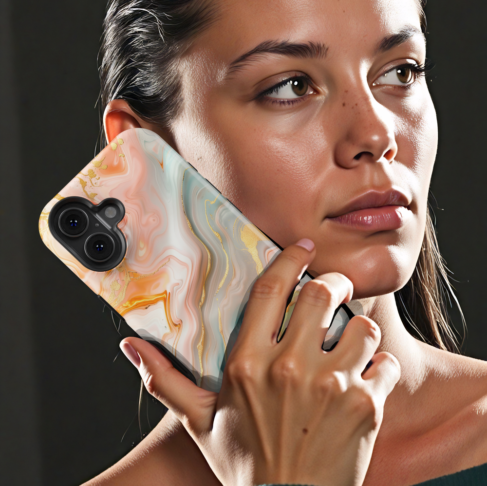 Pastel marble phone case with peach mint and gold abstract swirl design