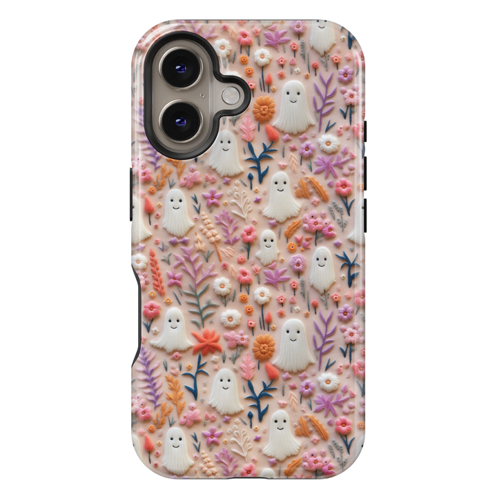 Cute Halloween ghost iPhone case with pastel pink, peach, and orange flowers on a soft background. Perfect spooky season aesthetic with smiling mini ghosts.