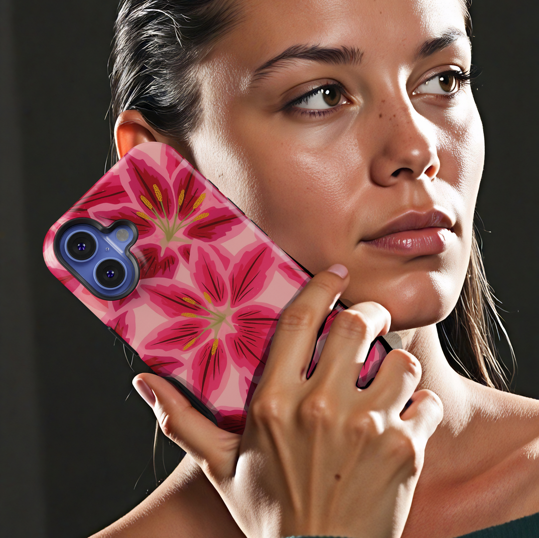 Red lily floral iPhone case for iPhone 15, 14, 13, 12, 11 – Tough protective cover with bold pink flower design