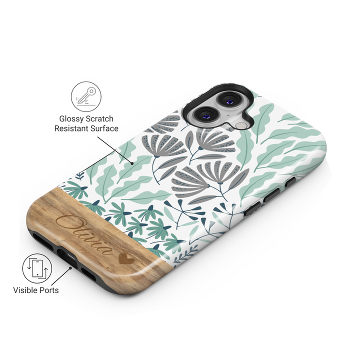 Personalized Green Botanical Phone Case, Custom Name Engraved Cover, Elegant Floral Sketch Design, Rustic Wood Accent, Stylish iPhone 16 Case, Google Pixel 9 Pro, Galaxy S25, Slim Protective Case, Shockproof Durable Cover