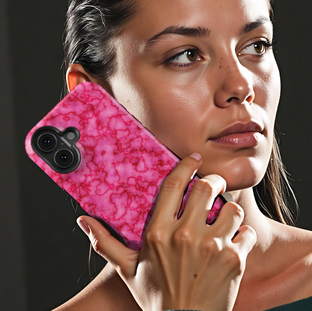 Personalized pink marble iPhone case with custom name detail. Girly glossy finish, stylish protection, and a soft blush aesthetic. Compatible with multiple iPhone models.