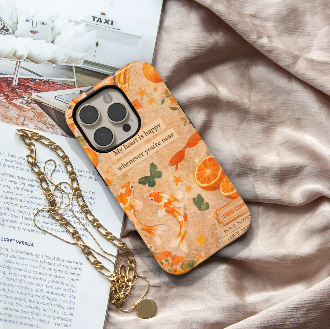 Romantic quote phone case with koi fish, orange slices and butterflies aesthetic tough case for iPhone and Samsung Galaxy