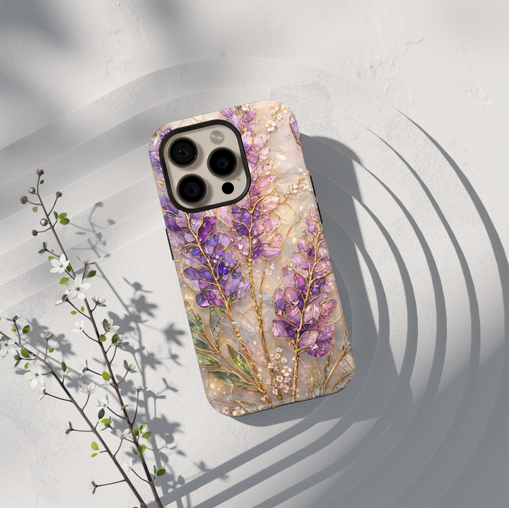 Luxury purple floral phone case featuring gold botanical detailing and violet blossoms aesthetic protective tough case for iPhone and Samsung Galaxy