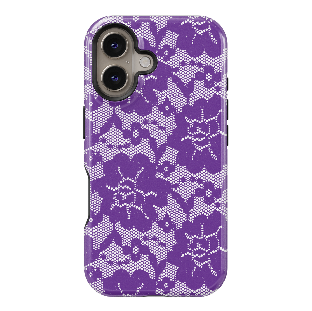 Purple Lace Floral iPhone Case with White Intricate Flower Pattern – Tough Coquette Aesthetic Protective Cover for iPhone Models