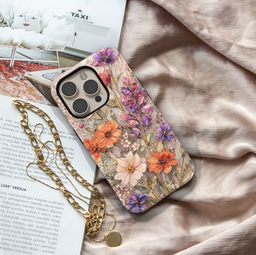 Vintage floral phone case featuring botanical wildflowers in orange, purple and cream tones aesthetic protective tough case for iPhone and Samsung Galaxy