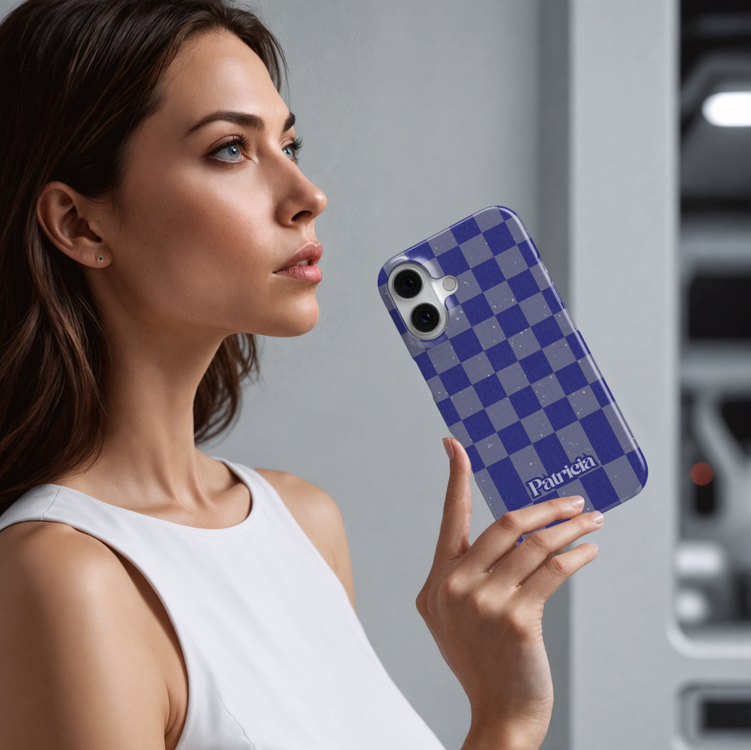 Purple and gray checkerboard iPhone case with retro grid design, trendy violet checkered aesthetic phone cover, protective iPhone 15, iPhone 14, iPhone 13 Pro Max case.
