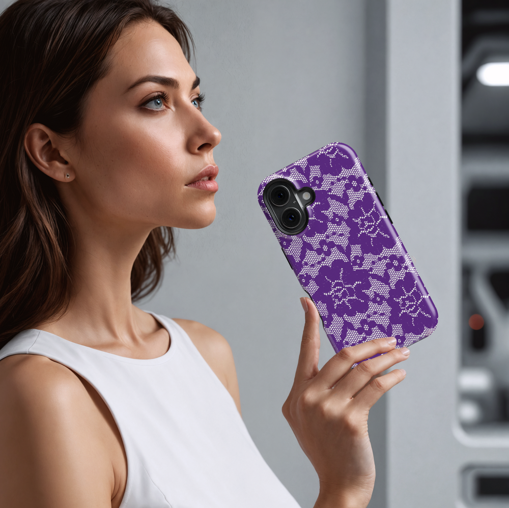 Purple Lace Floral iPhone Case with White Intricate Flower Pattern – Tough Coquette Aesthetic Protective Cover for iPhone Models