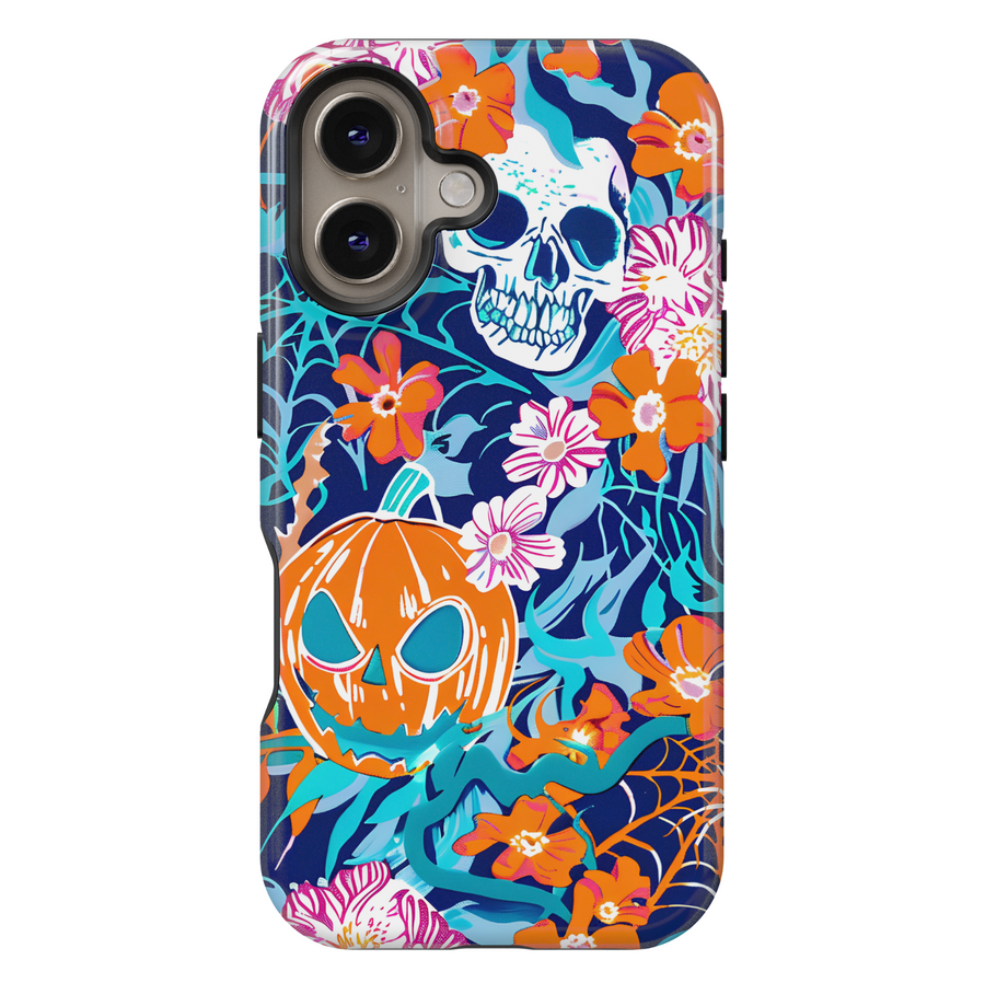 Halloween Floral MagSafe iPhone Case with Pumpkin and Skull – Girly iPhone 16 Pro Max Case for Women