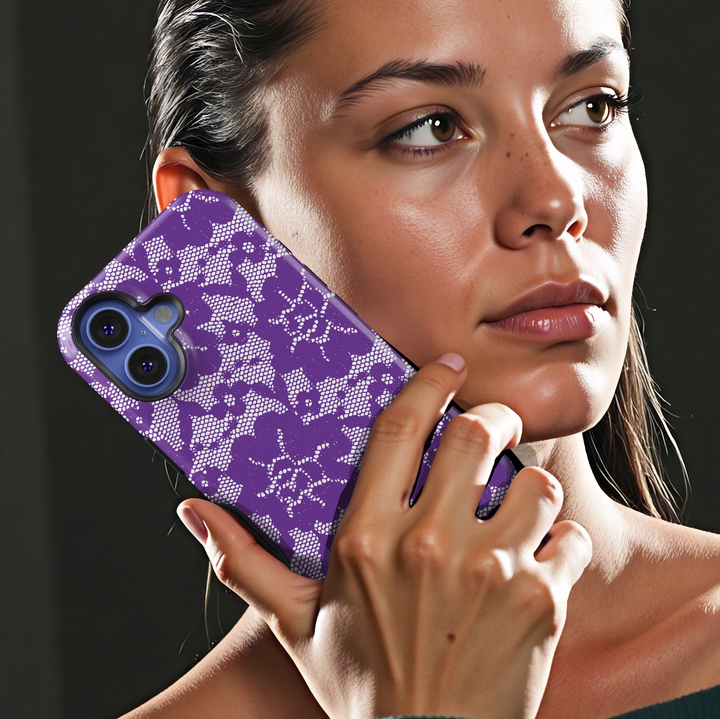 Purple Lace Floral iPhone Case with White Intricate Flower Pattern – Tough Coquette Aesthetic Protective Cover for iPhone Models