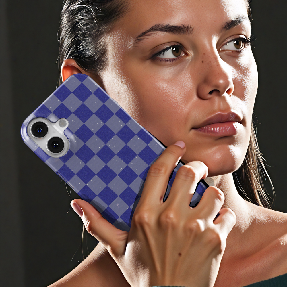 Purple and gray checkerboard iPhone case with retro grid design, trendy violet checkered aesthetic phone cover, protective iPhone 15, iPhone 14, iPhone 13 Pro Max case.