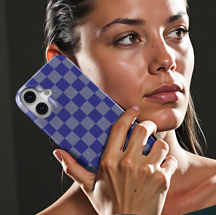 Purple and gray checkerboard iPhone case with retro grid design, trendy violet checkered aesthetic phone cover, protective iPhone 15, iPhone 14, iPhone 13 Pro Max case.