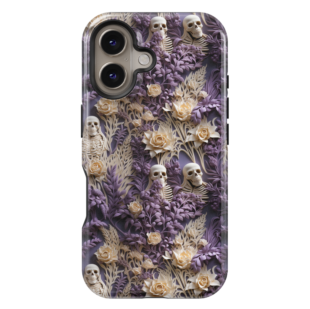 Skeleton and floral iPhone case with beige skulls and cream roses hidden in purple botanical foliage, perfect for gothic Halloween or spooky aesthetic lovers.