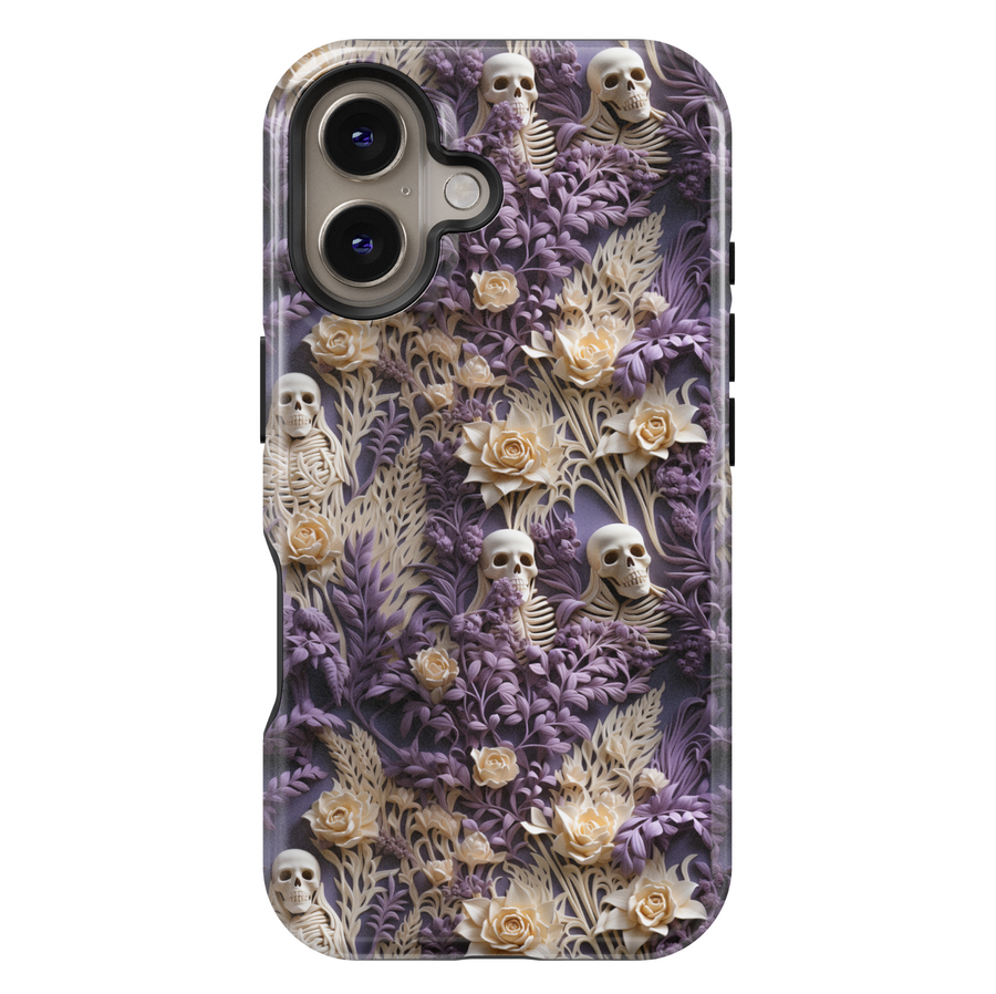 Skeleton and floral iPhone case with beige skulls and cream roses hidden in purple botanical foliage, perfect for gothic Halloween or spooky aesthetic lovers.
