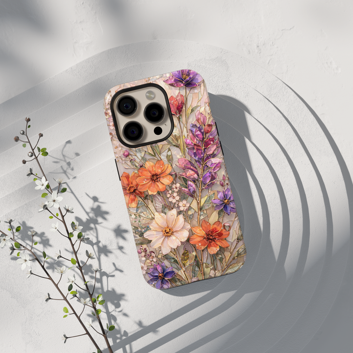 Vintage floral phone case featuring botanical wildflowers in orange, purple and cream tones aesthetic protective tough case for iPhone and Samsung Galaxy
