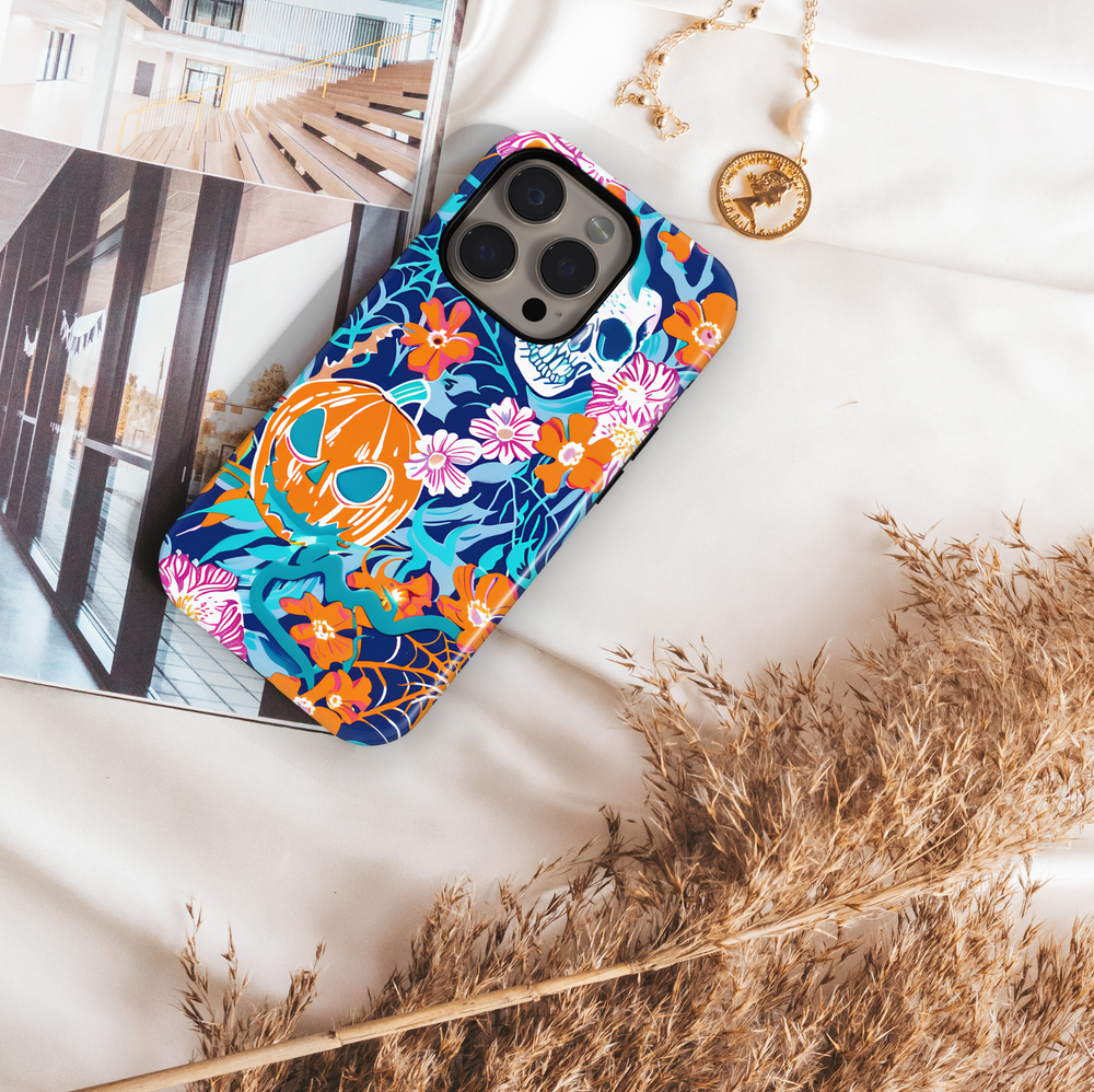 Halloween Floral MagSafe iPhone Case with Pumpkin and Skull – Girly iPhone 16 Pro Max Case for Women