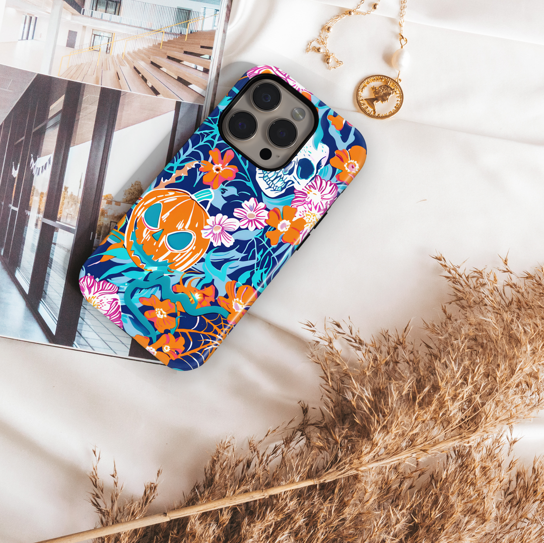 Halloween Floral MagSafe iPhone Case with Pumpkin and Skull – Girly iPhone 16 Pro Max Case for Women