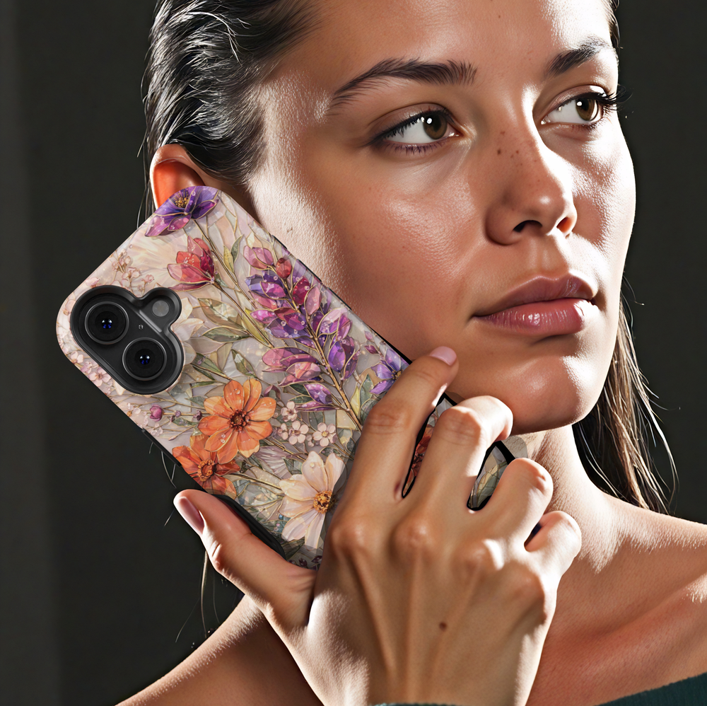 Vintage floral phone case featuring botanical wildflowers in orange, purple and cream tones aesthetic protective tough case for iPhone and Samsung Galaxy