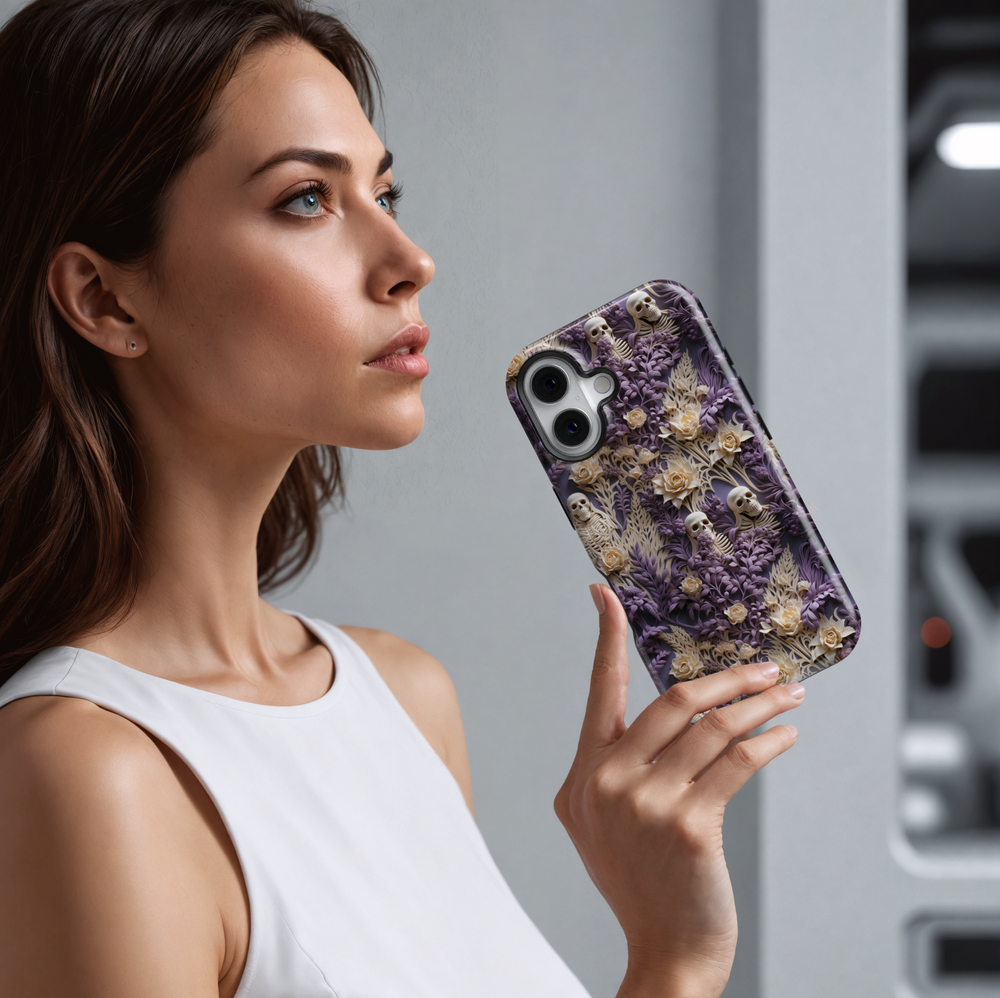 Skeleton and floral iPhone case with beige skulls and cream roses hidden in purple botanical foliage, perfect for gothic Halloween or spooky aesthetic lovers.