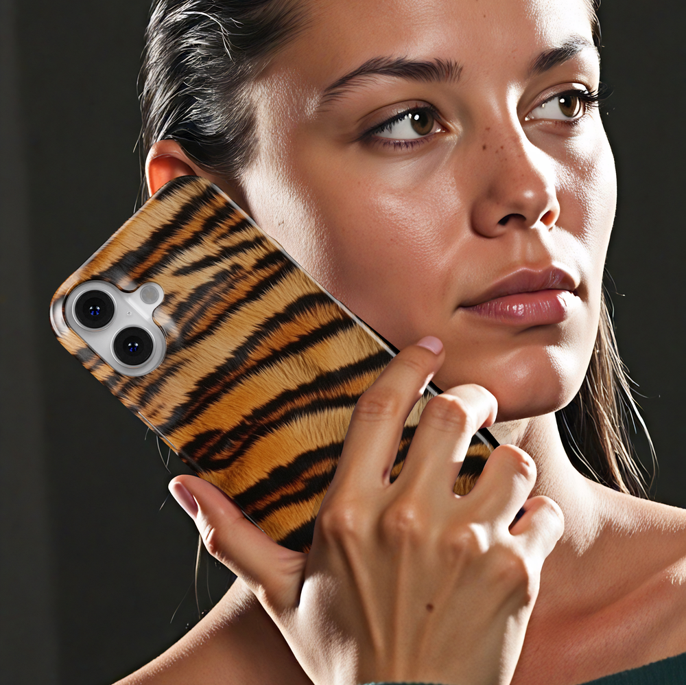 Tiger print phone case with orange and black stripes, wild animal pattern aesthetic cover for iPhone and Samsung, trendy protective phone case