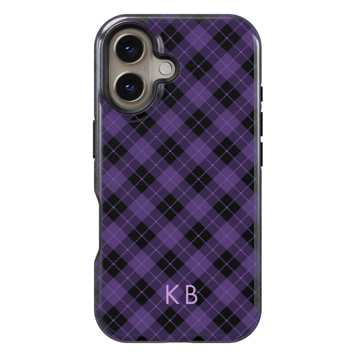 Purple and Black Plaid iPhone Case with Monogram – MagSafe iPhone 16 Pro Max Case for Women