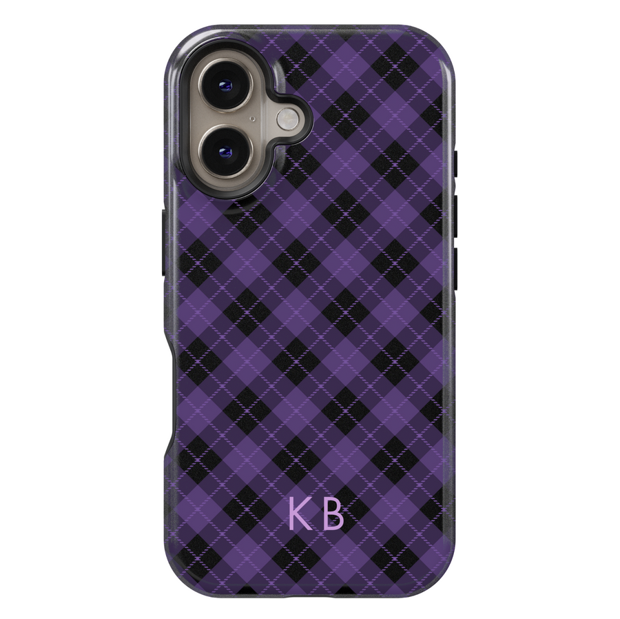 Purple and Black Plaid iPhone Case with Monogram – MagSafe iPhone 16 Pro Max Case for Women