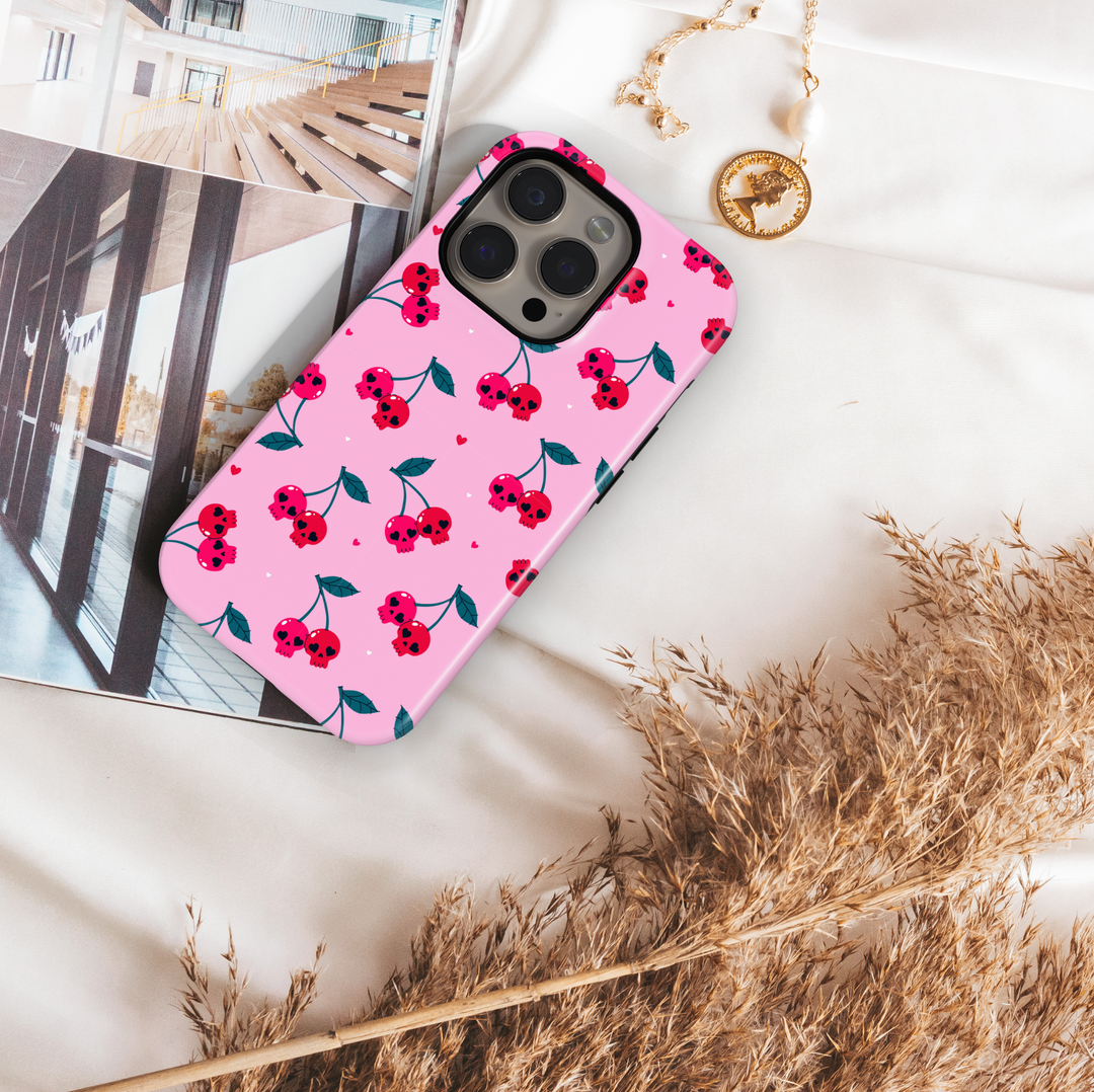 Pink iPhone Case with Cherry Skull Pattern – MagSafe iPhone 16 Pro Max Case for Women
