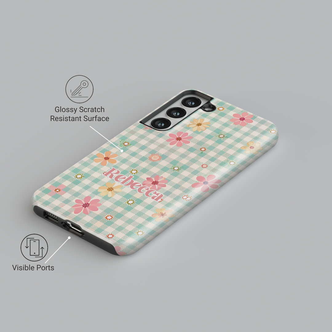Personalized pastel floral gingham Samsung Galaxy phone case. Cute and aesthetic protective cover for Galaxy S25 Ultra, S24 FE, S23, and more.