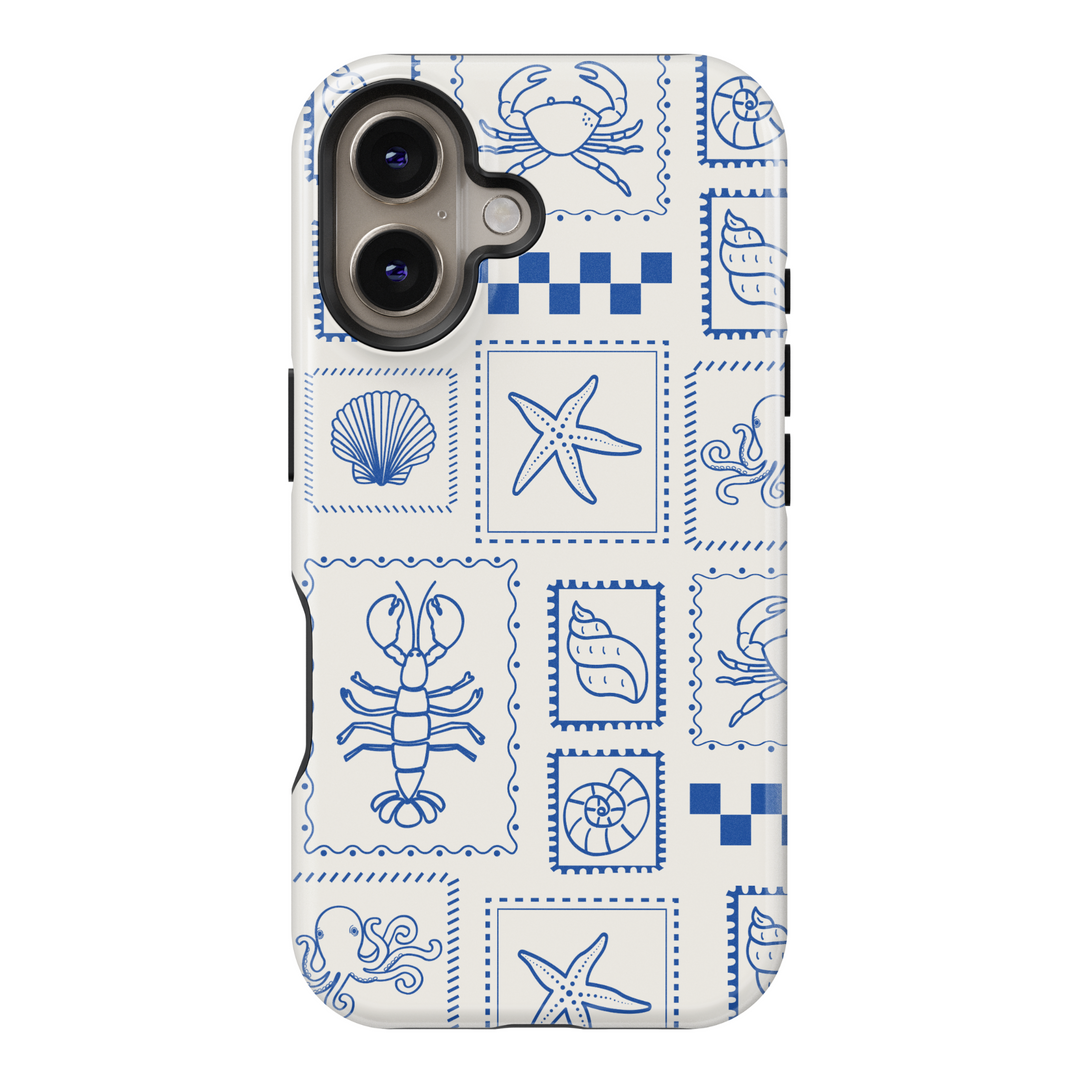 Blue Sea-Themed iPhone Case with Nautical Stamp Art Featuring Crabs, Shells & Starfish – Coastal Aesthetic Protective Case for iPhone 15 and More