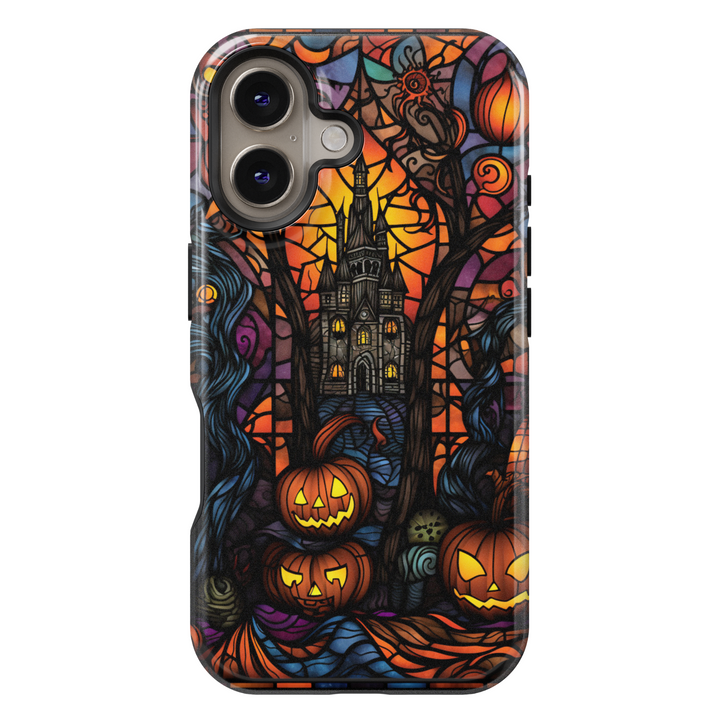 Stained glass Halloween iPhone case with glowing jack-o'-lanterns, spooky trees, and a haunted castle in vibrant orange, purple, and black tones.