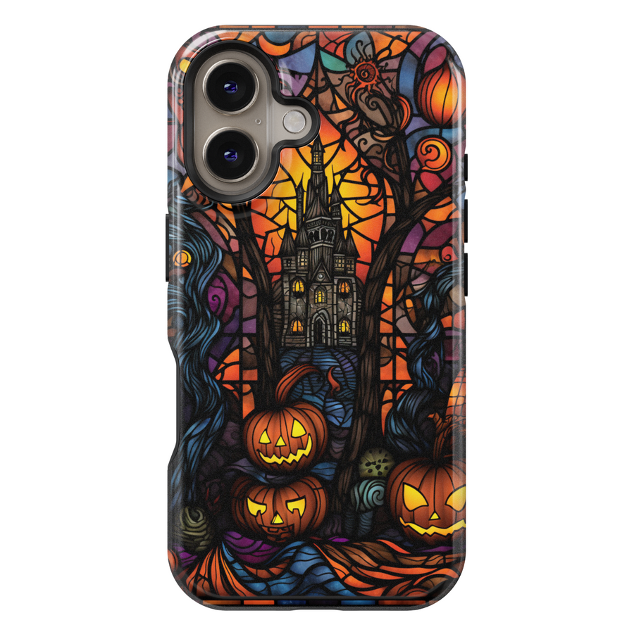 Stained glass Halloween iPhone case with glowing jack-o'-lanterns, spooky trees, and a haunted castle in vibrant orange, purple, and black tones.