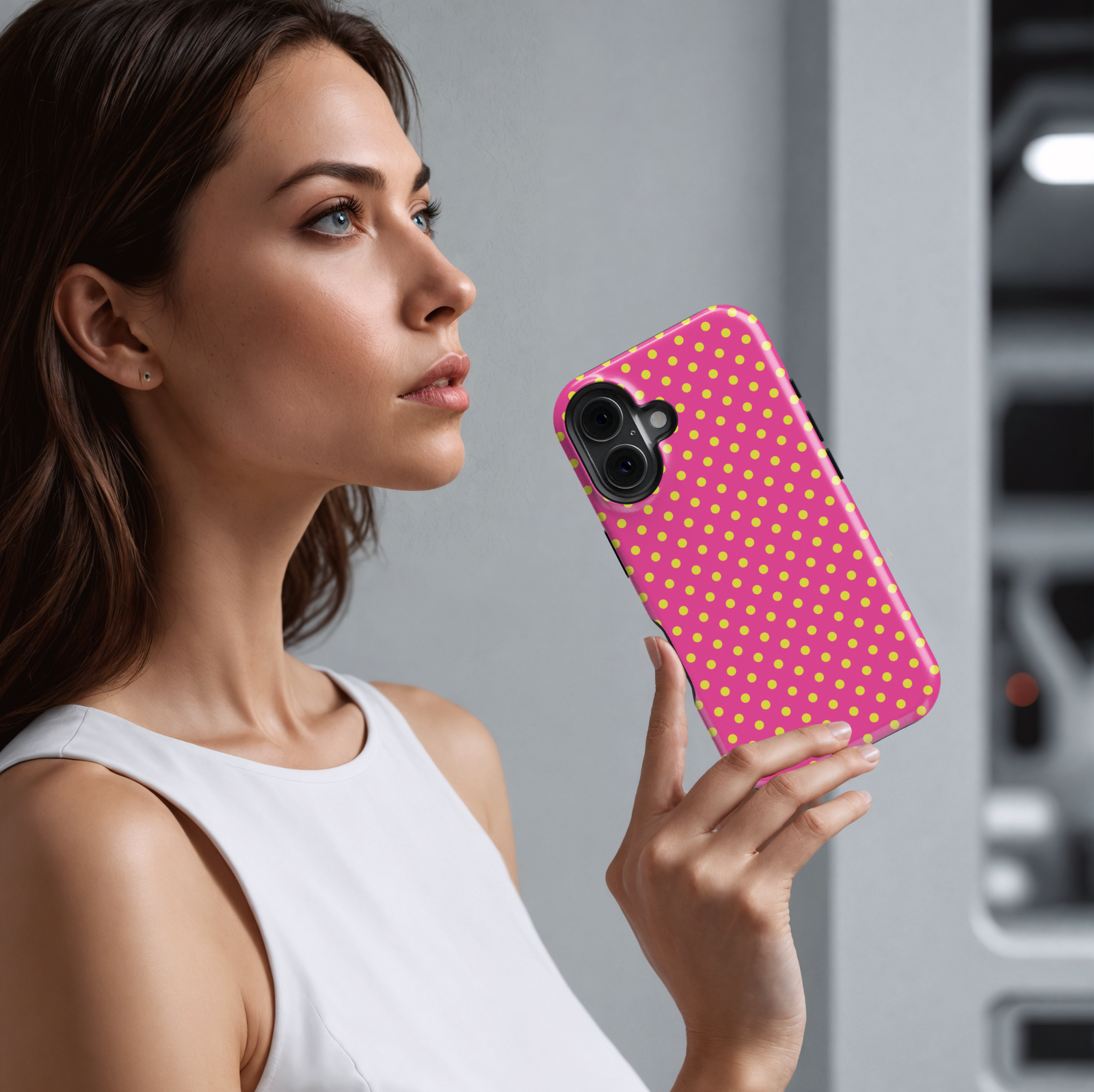 Hot pink and yellow polka dot iPhone case – Colorful tough protective cover for iPhone 15, 14, 13, 12, SE – Cute fun design for girls