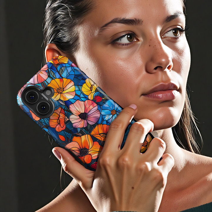 Colorful stained glass floral iPhone tough case with vibrant flowers and deep blue background