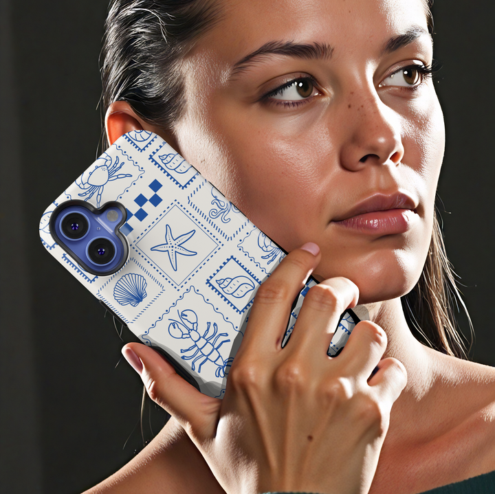 Blue Sea-Themed iPhone Case with Nautical Stamp Art Featuring Crabs, Shells & Starfish – Coastal Aesthetic Protective Case for iPhone 15 and More