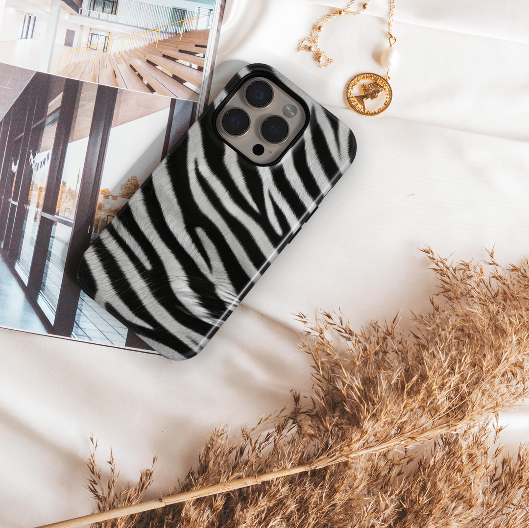 Zebra print phone case in black and white animal pattern, trendy aesthetic protective phone cover for iPhone and Samsung