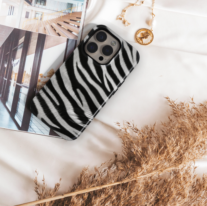 Zebra print phone case in black and white animal pattern, trendy aesthetic protective phone cover for iPhone and Samsung