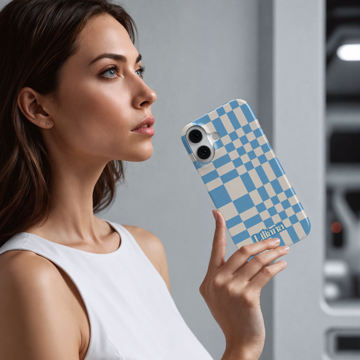 Oversized blue plaid iPhone case, modern checkered phone cover in light blue and cream, slim protective case for iPhone 15, iPhone 14, iPhone 13 Pro Max. Trendy grid design with minimalist style.