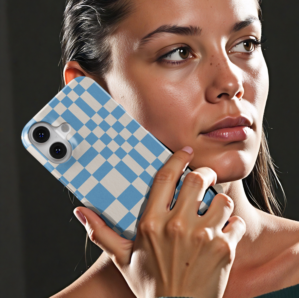 Oversized blue plaid iPhone case, modern checkered phone cover in light blue and cream, slim protective case for iPhone 15, iPhone 14, iPhone 13 Pro Max. Trendy grid design with minimalist style.