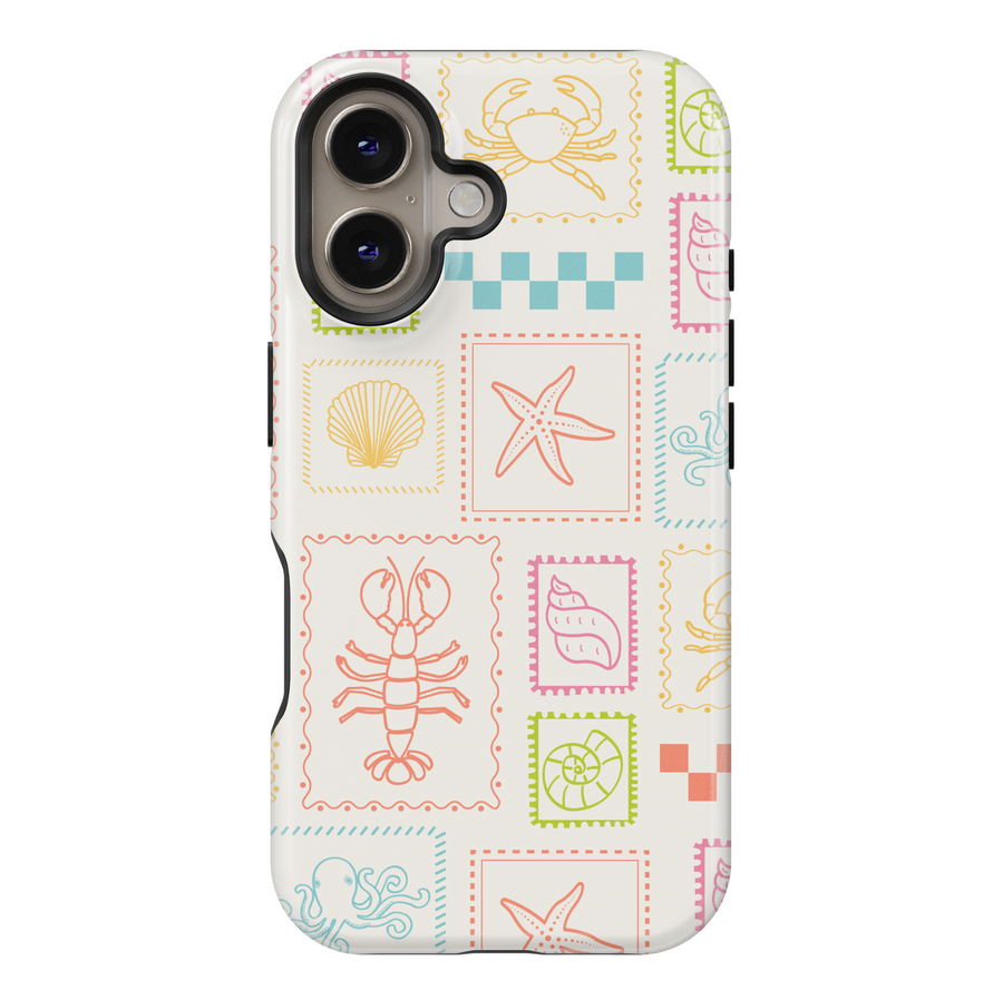Pastel Beach-Themed iPhone Case with Lobster, Starfish & Shell Stamp Art – Aesthetic Cute Protective Cover for iPhone 15, iPhone 14, iPhone 13