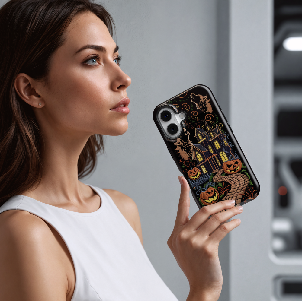 Embroidered haunted house iPhone case with glowing jack-o'-lanterns, spooky trees, howling wolves, and a winding path on a black background. Halloween-ready.