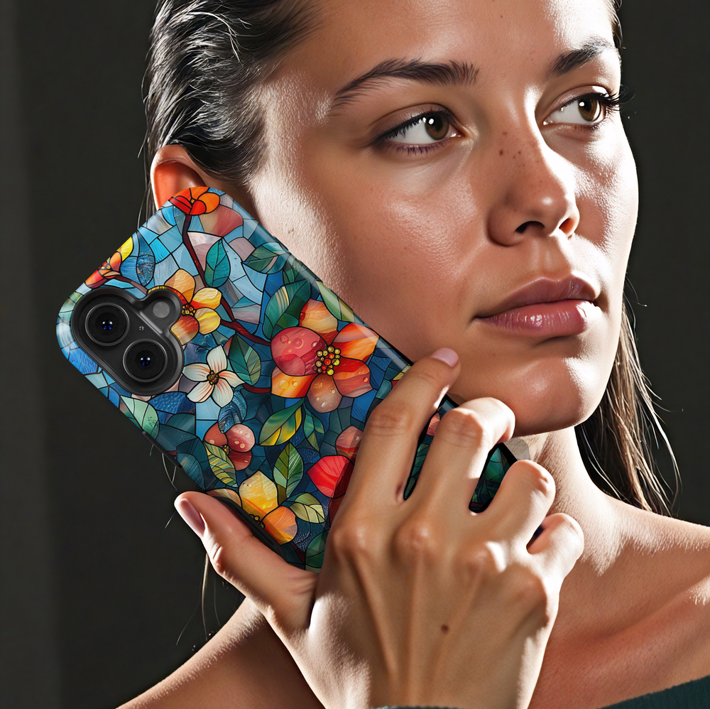 Colorful stained glass floral iPhone tough case with vibrant flowers and deep blue background