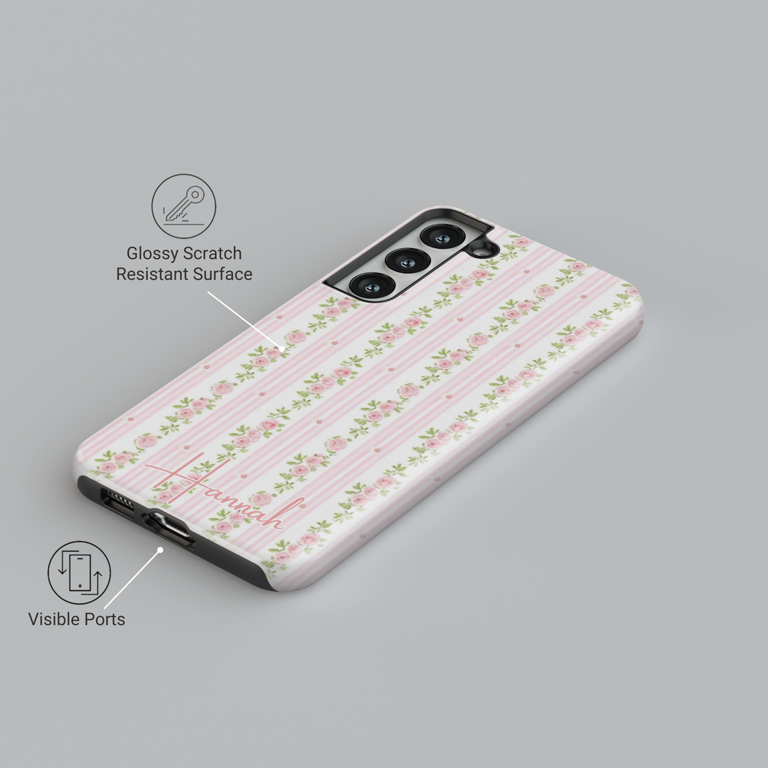Personalized pink floral stripe Samsung Galaxy phone case. Elegant and feminine protective cover for Galaxy S25 Ultra, S24 FE, S23, and more.

