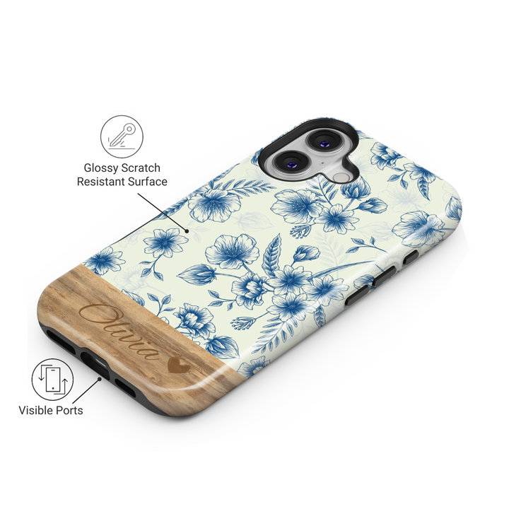 Personalized Blue Floral Phone Case, Custom Name Engraved Cover, Vintage Botanical Sketch Design, Rustic Wood Accent, Stylish iPhone 16 Case, Google Pixel 9 Pro, Galaxy S25, Slim Protective Case, Shockproof Durable Cover