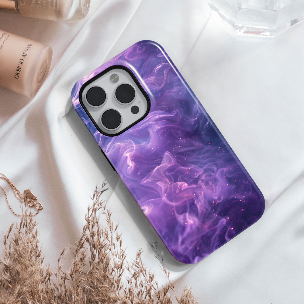 Purple and pink smoke swirl phone case with galaxy sparkles – dreamy aesthetic design compatible with iPhone 16, iPhone 15 Pro Max, Galaxy S24 Ultra, and MagSafe accessories.