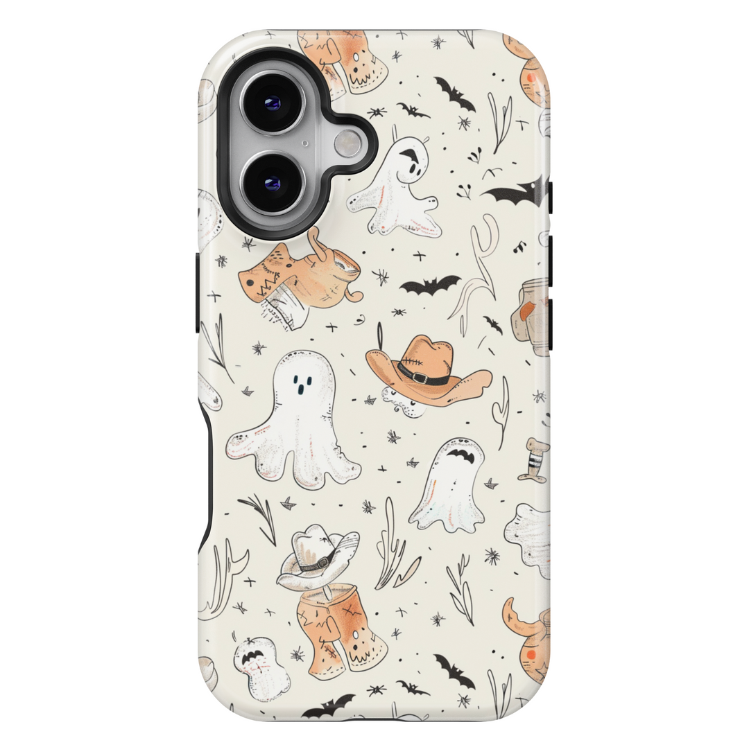 Halloween phone case with western cowboy ghost design, featuring cute ghosts in hats, boots, and bats on a cream background – protective iPhone and Samsung Galaxy cov