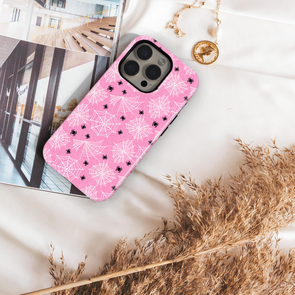 Pink Spiderweb iPhone Case with White Monogram – MagSafe iPhone 16 Pro Max Case for Women